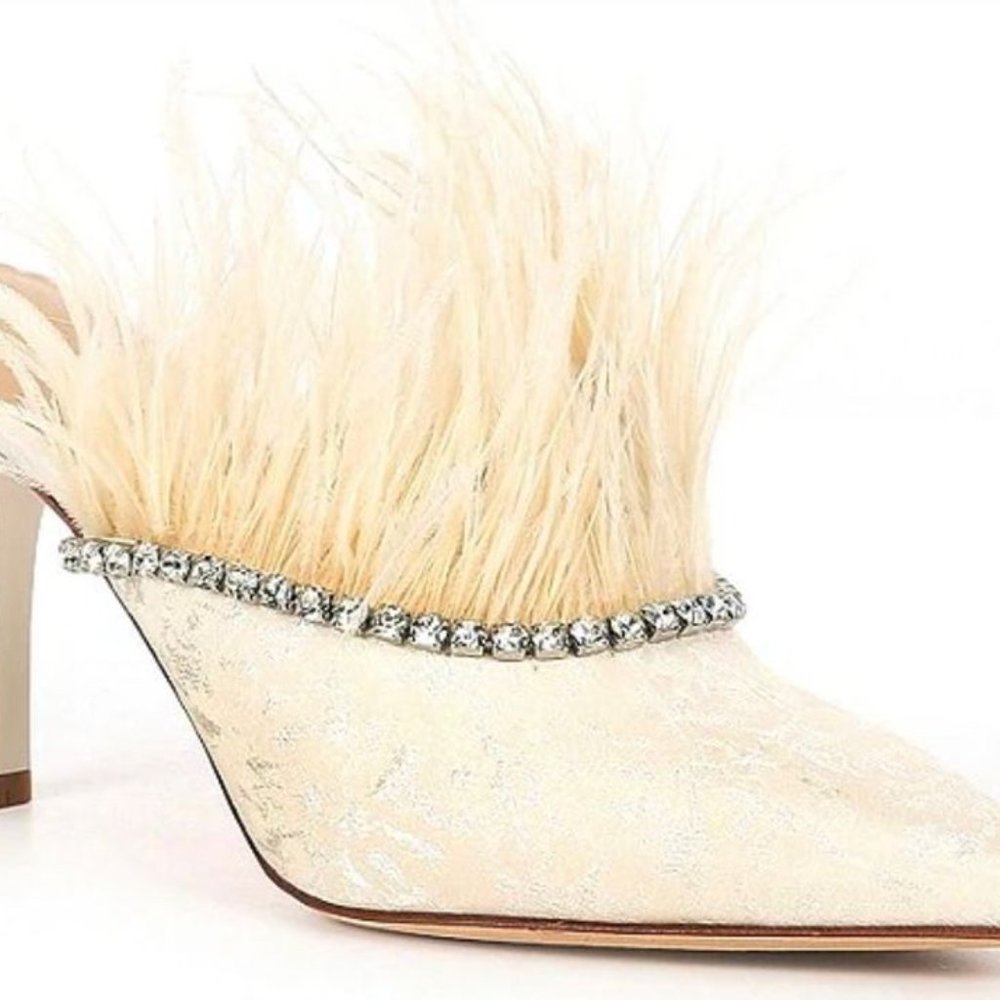 Nicola Bathie Cream Feather Mule Heels with Rhinestone Trim